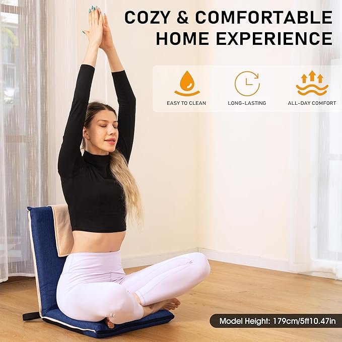 14-Position Adjustable Floor Chair with Back Support - Portable Gound Seating for Adults &amp Kids Foldable Meditation Chair with Japanese KOYO Bearings &amp Washable Linen Cover (Blue)