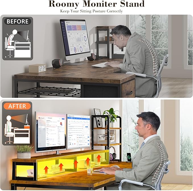 EnHomee 55 Inch Computer Desk with Hutch and DrawersReversible Home Office Desk with Monitor ShelfGaming Desks with USB Power OutletsWriting Gaming Table for Office with LED LightsRustic Brown