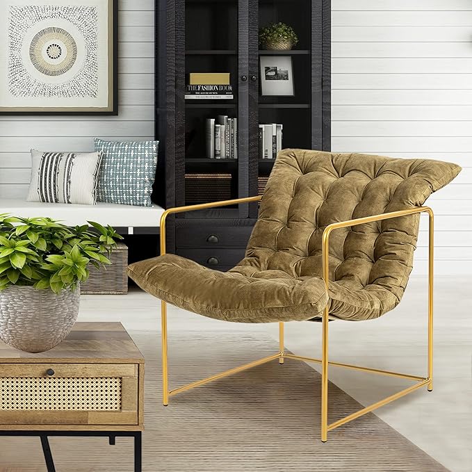 GIA Mid Century Modern Sling Accent Chair for Living Room Bedroom and Office Set of 1 Upholstered in Green Velvet Fabric with Gold Metal Base