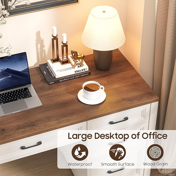 Vabches Farmhouse Executive Desk Wood Home Office Desk with 2 Large File Drawers and 5 Storage Cabinets Rustic Writing Desk for Work and Study Brown