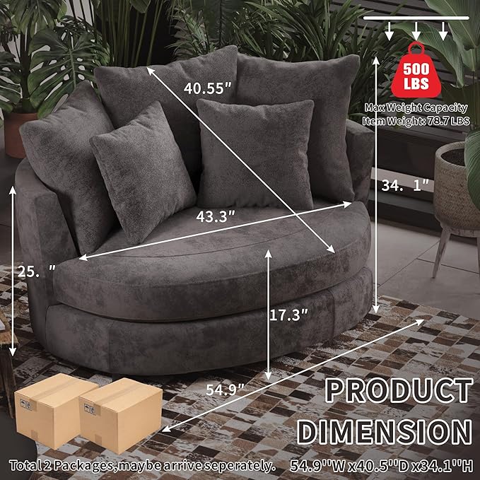 54.9''W Oversized Accent Barrel Chair Chenille Upholstered Comfy Couch Sofa with 5 Pillows for Living Room Apartment Bedroom (Grey).