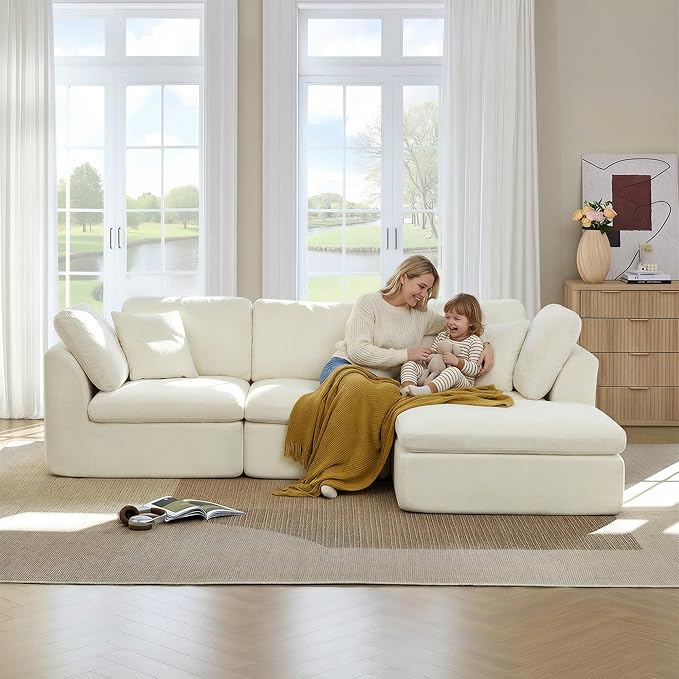 CHITA 108 Cloud Sectional Couches for Living Room Boneless L-Shape Sofa with Ottoman 3 Seater Modular Sectional Sofa Cream
