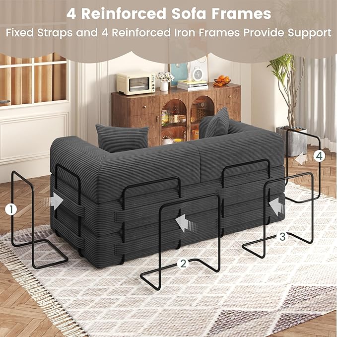 80 Convertible Sofa Bed 5 in 1 Modular Boneless Couch Sleeper Sofa Bed with Fixed Frame &amp Removable Backrest Pillow Washable Corduroy Futon Sofa Bed Couch in a Box for Small Spaces Dark Grey