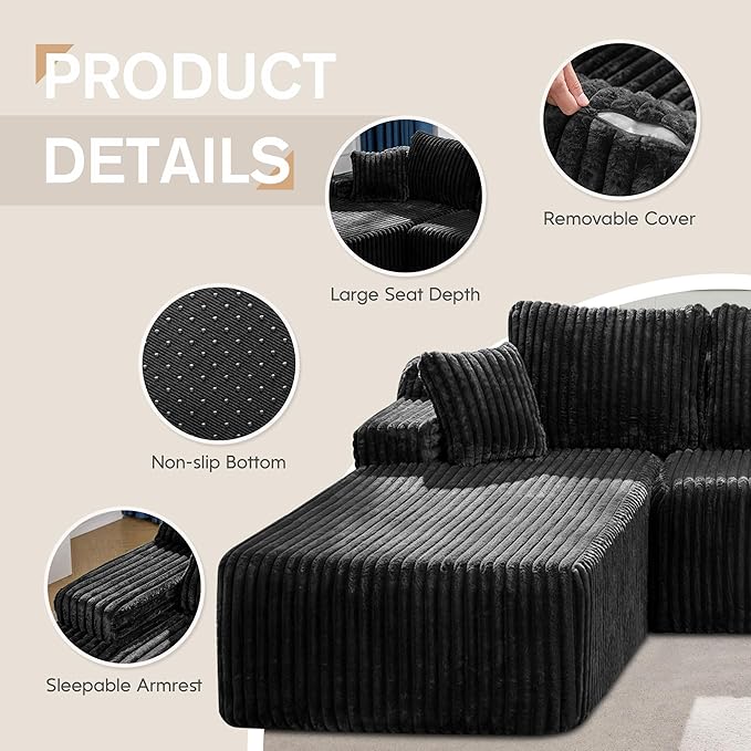 Modular Sectional Sofa Couches L-Shape Couch 3 Seat Modular Sofa Memory Foam Sectional Couches for Living Room Cloud Couch with Oversized Chaise (Black Stripe 108 Left Facing Chaise)