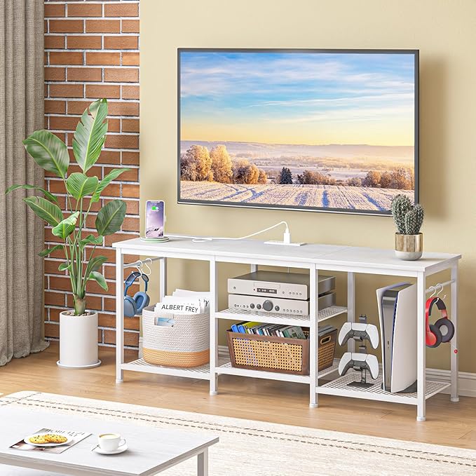 YGEOMER Entertainment Center for 55 inch TVs TV Stand with Power Outlet and Open Storage Shelves TV Media Console Table for Living Room and Bedroom White