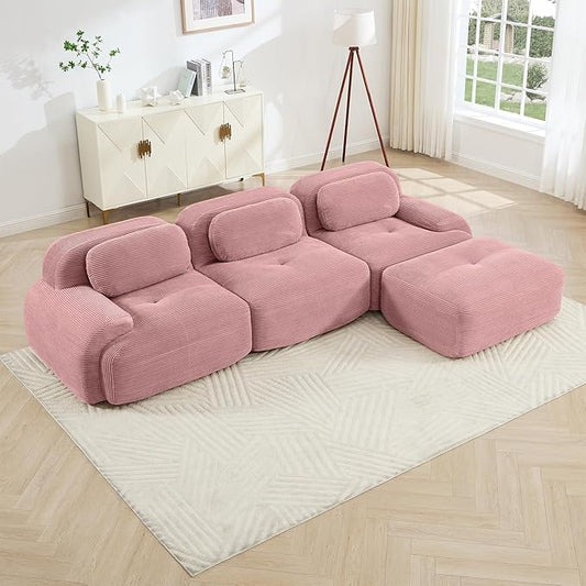117 Boneless Couch L-Shaped Modular Sectional Sofa for Living Room Compressed Sofa with Deep Seat Corduroy Cloud Couch with Ottoman No Assembly Needed