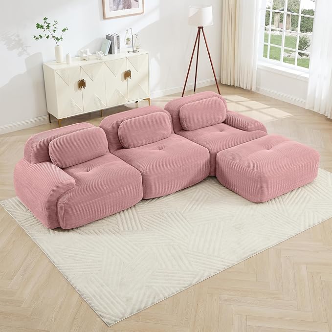 KEIKI 117 L-Shaped Oversized Corduroy Modular Sectional Sofa with 1 Ottoman High-Density Foam Cushion Curved Armrest Non-Slip Base Design 3-Seater Cloud Couch with 3 Pillow for Living Room Pink