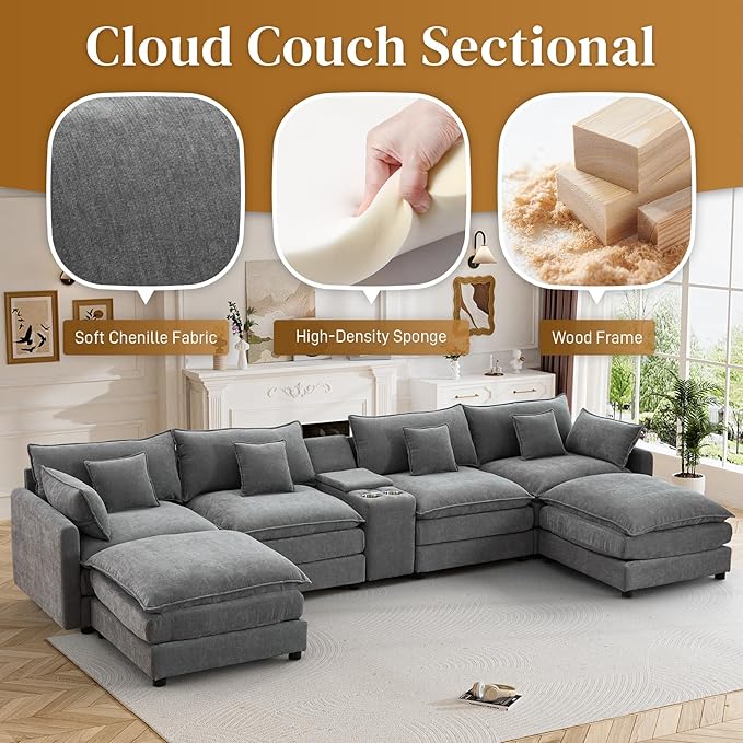 145 Cloud Couch Oversized U Shaped Grey Sectional Couches for Living Room Big Soft Comfy Fluffy Chenille Couch Sectionals Modular Sectional Sofa with Ottoman &amp Central Console