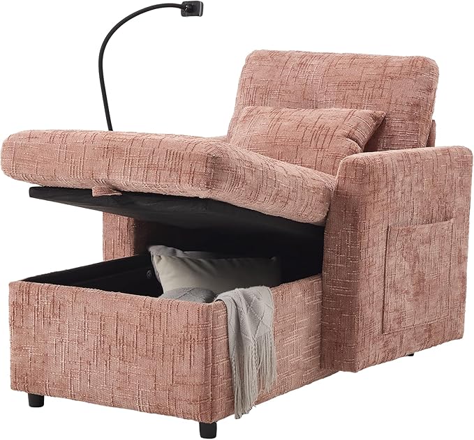 32 Comfy Chaise Lounge Sofa Bed Chair with Storage Side Pockets Phone Holder &amp 2 Pillows Modern Chenille Upholstered Sleeper Sofa Leisure Chair for Living Room Bedroom Small Spaces (Pink)