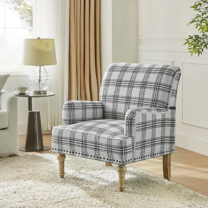 HULALA Home Modern Accent Chair with Retro Wooden Legs &amp Nailhead Trim Comfy Upholstered Armchair Single Sofa for Living Room Bedroom (Plaid Black)