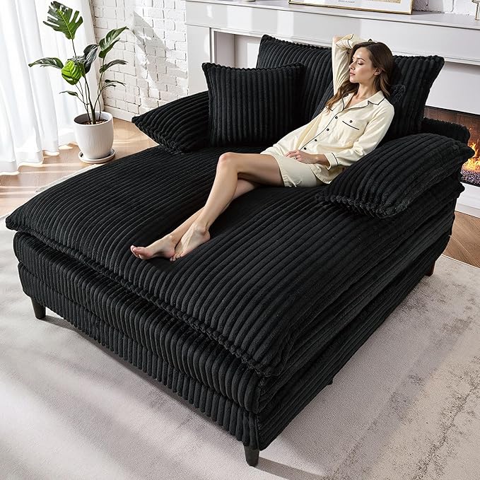 55 W Oversized Chaise Lounge Sofa Couch with 5-Position Adjustable Backrest Corduroy Sleeper Chair Sofa Bed Reading Chair ‌with Deep Seat Cloud Couches for Living Room Bedroom Black