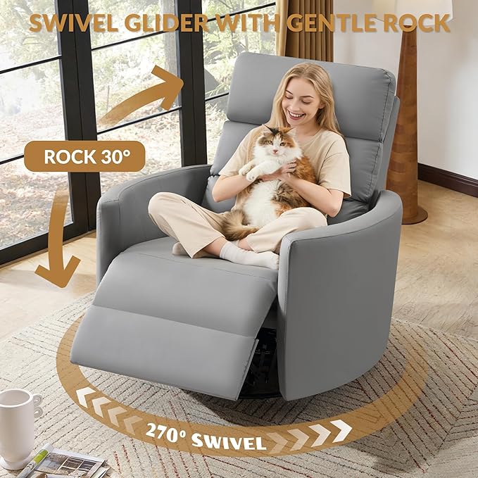GRAINELL Oversize Power Swivel Recliner 40in Wide Electric Glider Rocking Chair with Headrest Adjustment USB Port 270° Swivel Rock 30°– for Living Room Nursery Leather Grey (57' to 61' Height)