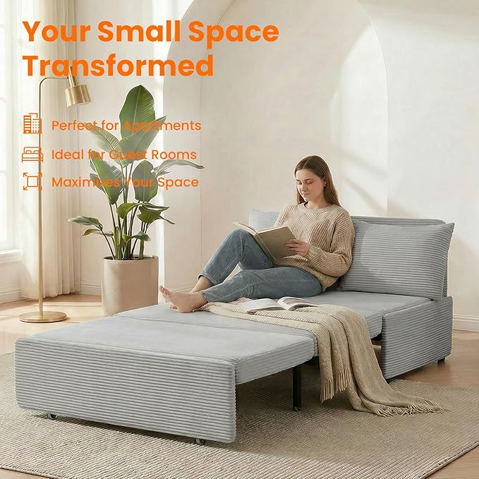 CECER 43.5 Twin Size Pull Out Sofa BedCorduroy Pull Out Couch with Tri-fold Mattress3-in-1 Convertible Sleeper Sofa with Pillows for Small Space/Bedroom/Apartment（Light Grey）