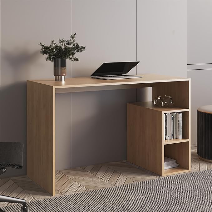 Tuhome Solid Wide Writing Desk with 3 Side Open Storage Shelves Top Workspace Freestanding Computer Desk for Home Office Bedroom or Living Room
