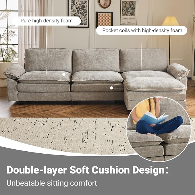 VINGLI 122 Cloud Double-Layer Deep Convertible Sectional Sofa Comfy L-Shape 3-Seat Couches for Living Room Modern Couch with Movable Ottoman for Small Space Light Grey Chenille