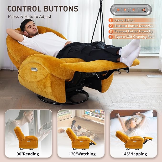 EONIX Stylish Power Swivel Rocker Recliner Chair for Living Room Rocking All Positions Dual Motor Independently Controlled Backrest and Headrest SXXY005021 Orange