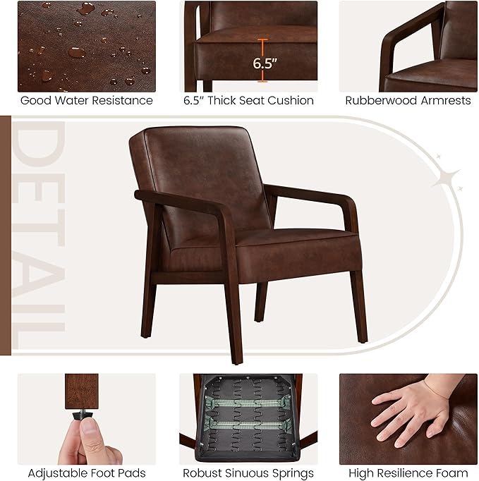 Yaheetech PU Leather Accent Chair Mid-Century Modern Barrel Chair with Wooden Frame and Soft Thick Padded for Living Room Bedroom Home Office Dark Brown