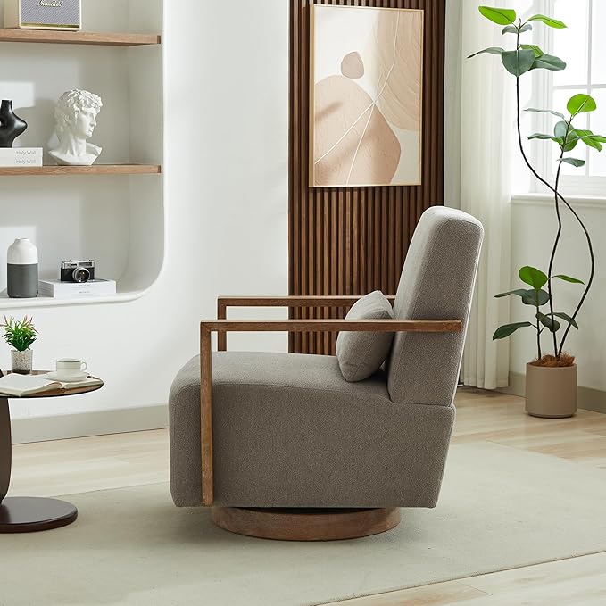 Swivel Modern Upholstered Accent Chair with Solid Wood Armrests and 360 Degree Comfy Lounge Reading Chair Side Armchair for Hotel Bedroom Living Room Office and Nursery Room (Gray)