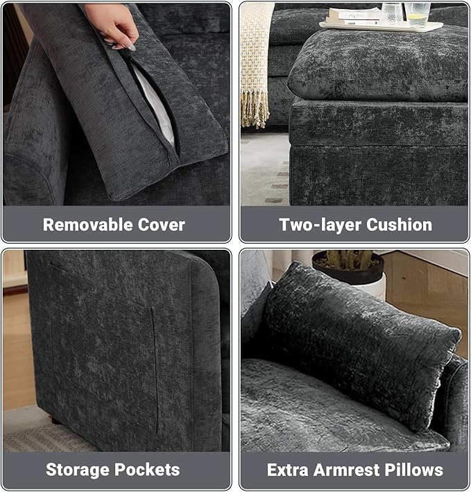 Tbfit Living Room Furniture Set Chair &amp Ottoman Modern Comfy Cloud Sofa Set Spring Seat Cushions Chenille Dark Gray