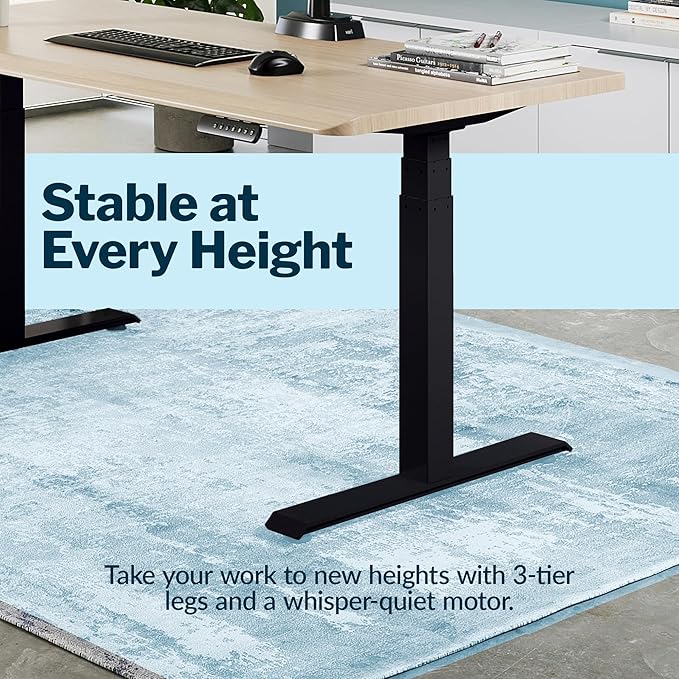 Vari ComfortEdge 60x30 Inch Adjustable Electric Standing Desk – Sit Stand VariDesk with Memory Presets Sloped Edge 200 LB Capacity + Tool-Free Assembly (Light Wood Top/Black Legs)
