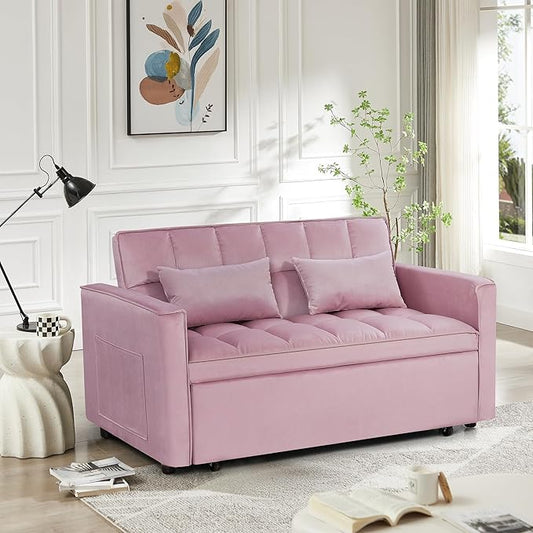 3 in 1 Convertible Sleeper Sofa Bed 54'' Full Size Velvet Pull Out Futon Couch Recliner with Reclining Backrest &amp 2 Pillows Small Loveseat Lounge Couches for Small Spaces (Pink)