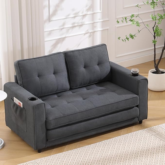 Merax Futon Sofa Bed 3 in 1 Convertible Loveseat Sleeper with Pull Out Bed Foldable Tufted Sofa Bed Couch W/Cup Holder and Side Pockets for Living Room Bedroom Office Dark Gray