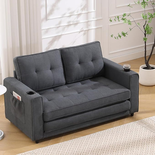 ERYE Foldable Loveseat Sofa Convertible Pull Out Sleeper Sofabed2 Seat Tufted Upholstered Sofa Modern Convertible Sleeper Couch Bed with Cupholders and Side Pockets