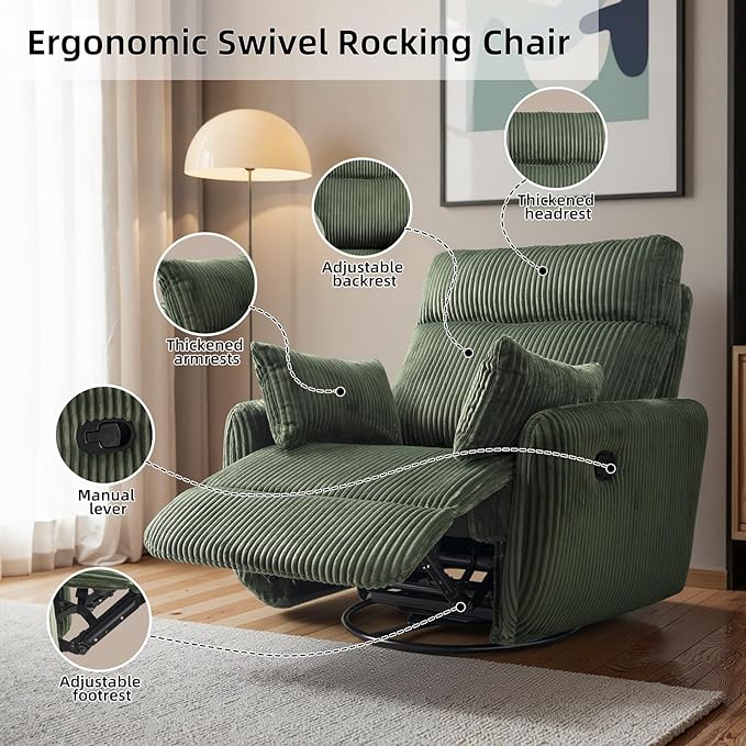 Swivel Recliner Chair for Adults Corduroy Nursery Glider Rocking Chair Armchair with 2 Pillows Comfy High Back Reclining for Small Spaces Nursery Bedroom Living Room (Corduroy Green 1 Pack)