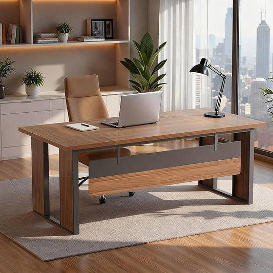 Tribesigns 63 Executive Desk Modern Office Desk with Privacy Panel &amp Metal Frame Large Computer Desk for Home Office Writing Study Workstation Business Furniture (Brown &amp Black Only Table