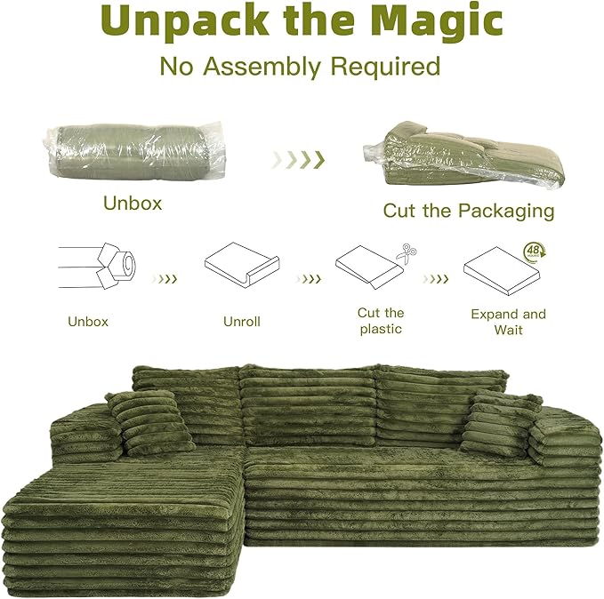 103 L Shaped Sectional Boneless Couch for Living Room Modern Modular Cloud Sofa with Left Facing Chaise Comfy Deep Seat Memory Foam Couch in Box No Assembly (5CM Wide Striped Corduroy Green)