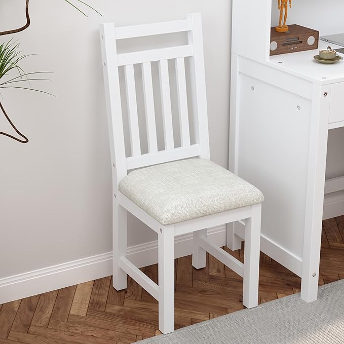 Wooden 40'' Home Office Desks with Bookshelf and Upholstered Chair Versatile Writing Desk Office Study Workstation with 4 Drawers and Storage Shelf for Office Study Room Bedrooms (White-Wood)