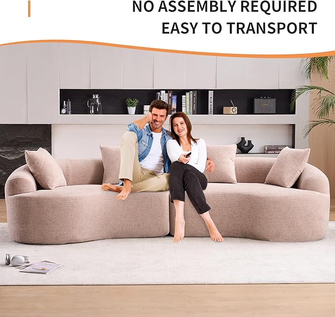 110 Curved Loveseat Sectional Sofa for Living Room Modern Oversized Plush Chenille Cloud Round Deep Seat Compressed Boneless Couch with 4 Throw Pillows for Apartment No Assembly Needed Beige