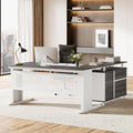 Tribesigns 63-Inch L-Shaped Executive Desk with Storage Shelves Large Office Computer Desk with Drawers and File Cabinet Industrial Business Workstation for Home Office Gray and White