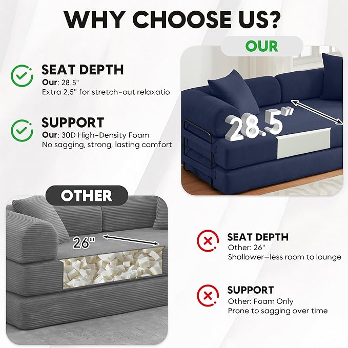 Convertible Sleeper Sofa Bed with Cylindrical Pillow Corduroy Folding Boneless Couch with Fixed-Shape Frame Floor Sofa Lounge Couch for Living Room Bedroom Lounge Studio-Blue