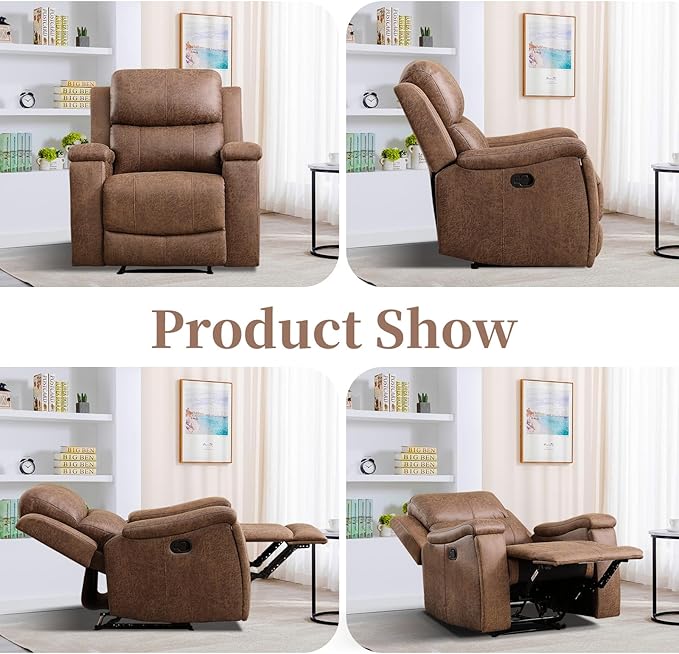 EBELLO Recliner Chair Single Overstuffed Sofa Recliner Breathable Faux Leather Manual Reclining Chairs with Hidden Cup Holder Arm and Back for Adults Living Room Bedroom Light Brown