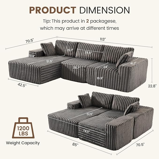 Apicizon 113 Boneless Sectional Couch for Living Room L Shaped Sectional Sofa Couch with Chaise Longue 3 Deep Seat Modular Sofa for ApartmentNo Assembly Required (Plush Corduroy Gray)