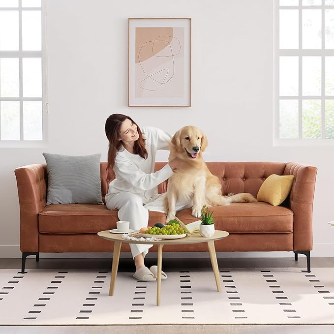 85'' W Faux Leather Sofa with Button Tufted 3 Seater Sofa with Metal Legs and Deep Seats Mid Century Modern Leather Couch for Living Room Bedroom Apartment Camel