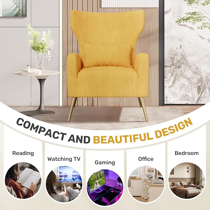 Nalupatio Modern Accent Chairs for Set of 2 Upholstered Velvet Fabric Reading Chair Mid Century Arm Chair Comfy Armchair for Living RoomYellow