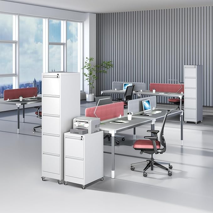 5 Drawer File Cabinet with Wheels Metal Mobile Filing Cabinets with Lock Vertical File Cabinet for Home Office Rolling Storage Cabinet for A4/Letter/Legal Size File Assembly Required White