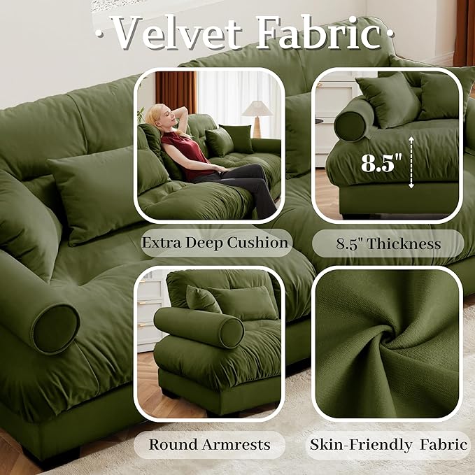 166 Modular Sectional SofaVelvet Upholstered Couches for Living Room4 Seater Green Sofa Couch with Movable OttomanBig Comfy Cloud Couch with Deep Seats for Living RoomApartmentBedroom
