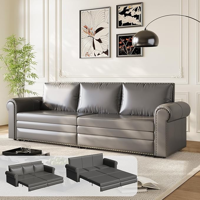 JOYBASE Pull Out Sofa Bed King-Size Convertible Sleeper Sofa Modern 3-Seater Faux Leather Couch with Nailhead for Living Room Office Apartment (Grey)