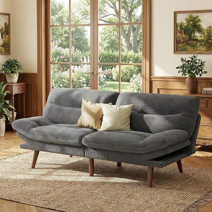 Marsail 66 Futon Sofa Bed Convertible Corduroy Futon Couch with Adjustable Backrest &amp Armrests Small Sleeper Sofa Loveseat for Living Room Apartment Office Grey
