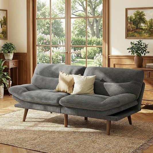 Marsail 66 Futon Sofa Bed Convertible Corduroy Futon Couch with Adjustable Backrest &amp Armrests Small Sleeper Sofa Loveseat for Living Room Apartment Office Grey