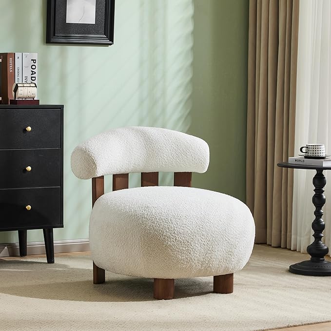Christopher Knight Home Elvina Boucle Fabric Accent Chair Solid Wood Single Lounge Sofa Bedroom Comfy Reading Chair for Modern Minimalist Style Living Room/Home Office Milky White+Walnut