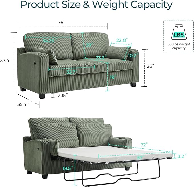 LINSY HOME Pull Out Sofa Bed - Convertible Loveseat Sleeper Sofa Upgraded Bed Frame Pullout Couch - USB Charging &amp Cup Holders Corduroy Sofa Bed for Living Room Small Space Queen Size (Green)