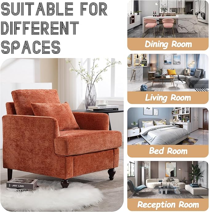 Oversized Accent Chair with Lumbar Pillow Upholstered Side Chairs for Living Room Bedroom Comfy Reading Chairs for Adults with Wide Seat Thick Cushion Soft Chenille (Dark Orange)
