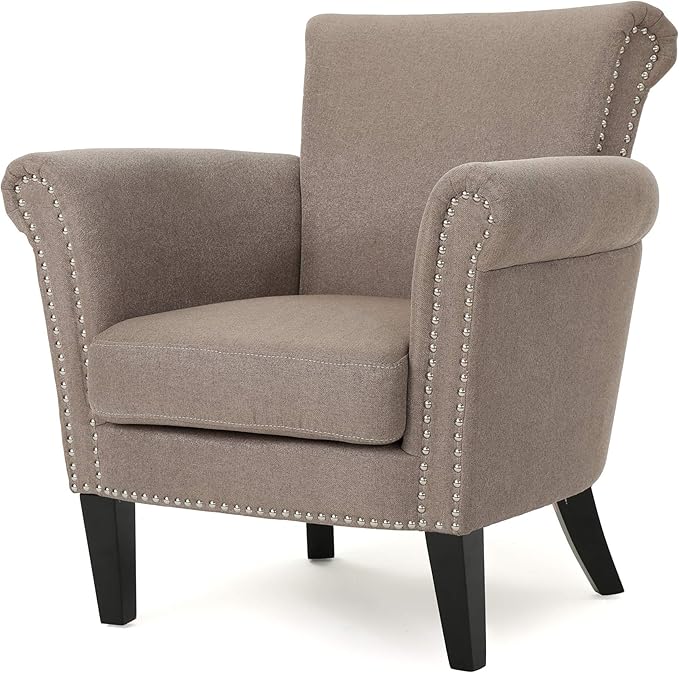 Christopher Knight Home Brice Vintage Scroll Arm Studded Fabric Club Chair Light Coffee / Dark Brown 31D x 29.5W x 31.5H in