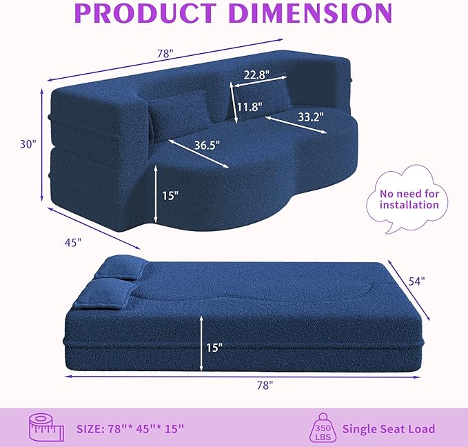 78 Teddy Folding Floor Sofa Couch BedConvertible Folding Sofa Bed Full Size Love Seat Sleeper Bed with 2 Pillows for Living Room Apartment Office (Blue)