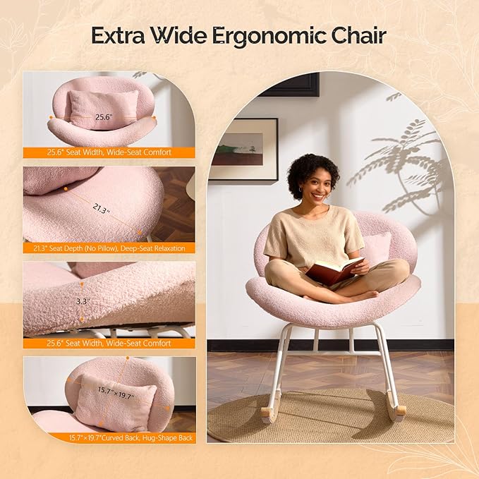 VINGLI 25.6 Extra Wide Nursery 115° Armless Rocking Chair Curved Cute Cross-Legged Glider Chair with Pillow &amp Solid Wood Nursing Chair for Bedroom Living Room Teddy Fleece Pink