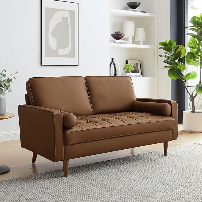 Modway Valour 62 Inch Faux Leather Loveseat in Brown – Wide Faux Leather Loveseat Sofa with Wood Legs - Small 2-Seater Sofa with Tufted Seat for Living Room or Office